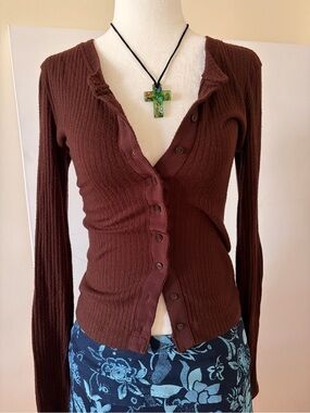 Aerie Brown Ribbed Button-Front Cardigan / Sweater